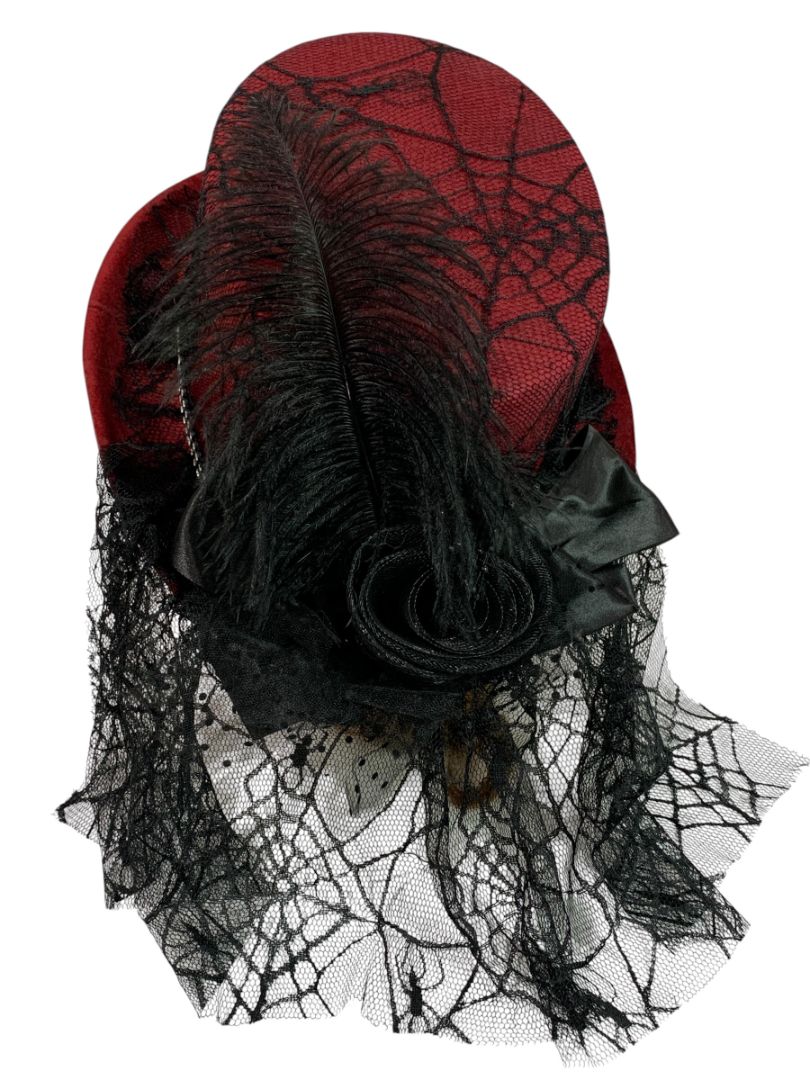 Victorian Style Top Hat Womens Red Spiderweb Veil Feather