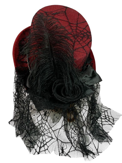 Victorian Style Top Hat Womens Red Spiderweb Veil Feather