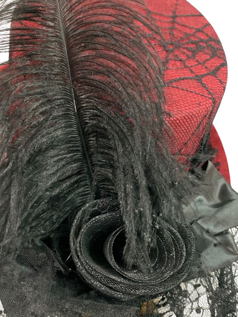 Victorian Style Top Hat Womens Red Spiderweb Veil Feather