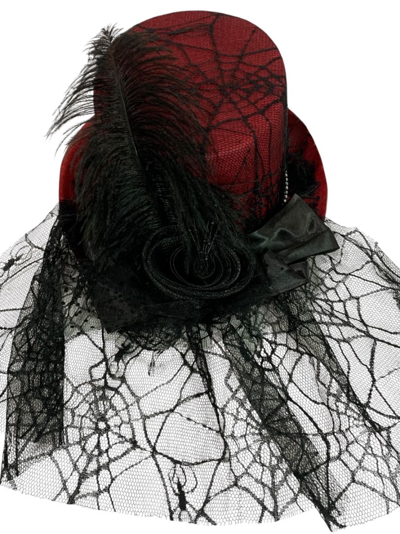 Victorian Style Top Hat Womens Red Spiderweb Veil Feather