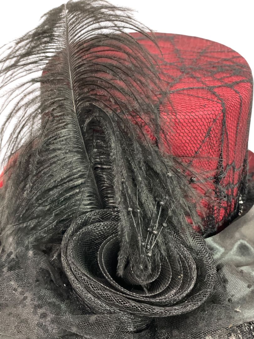 Victorian Style Top Hat Womens Red Spiderweb Veil Feather