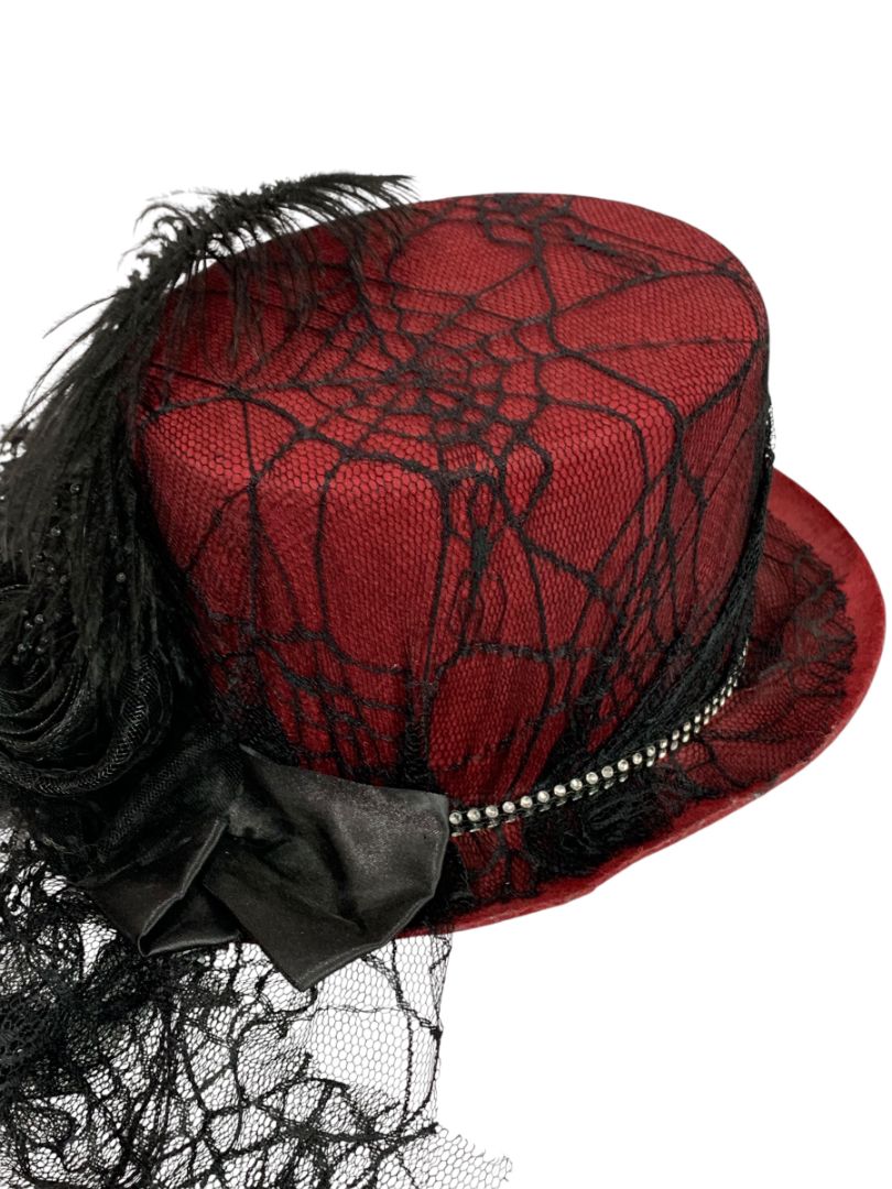 Victorian Style Top Hat Womens Red Spiderweb Veil Feather