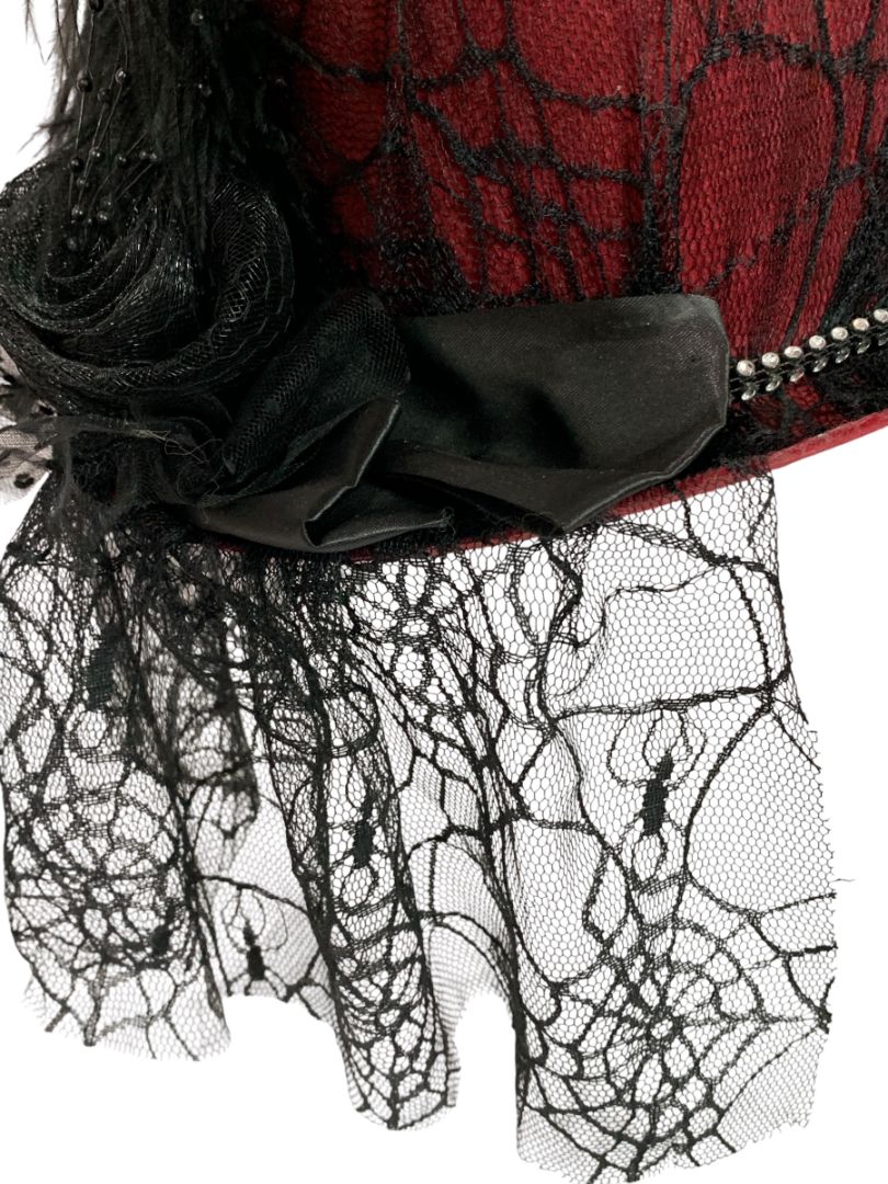 Victorian Style Top Hat Womens Red Spiderweb Veil Feather