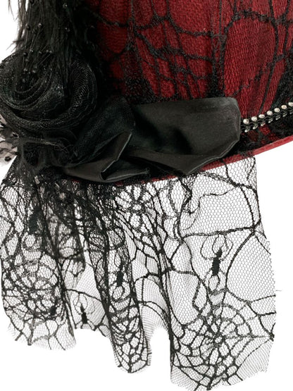 Victorian Style Top Hat Womens Red Spiderweb Veil Feather