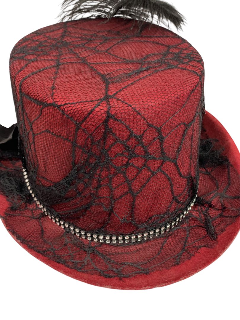 Victorian Style Top Hat Womens Red Spiderweb Veil Feather