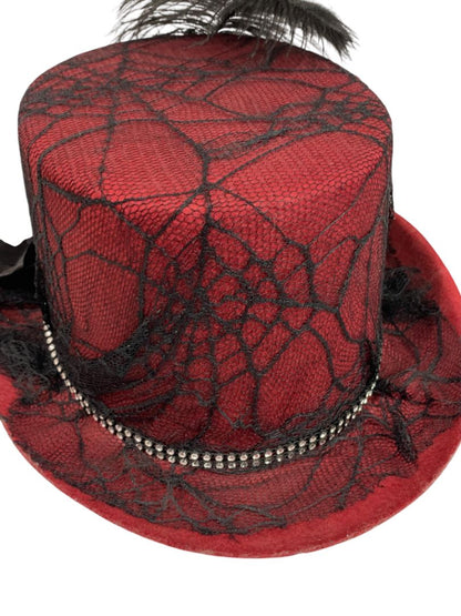 Victorian Style Top Hat Womens Red Spiderweb Veil Feather
