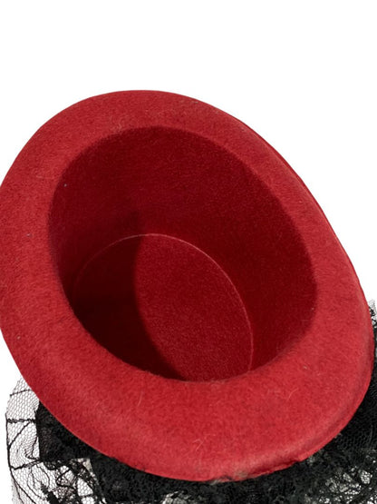 Victorian Style Top Hat Womens Red Spiderweb Veil Feather