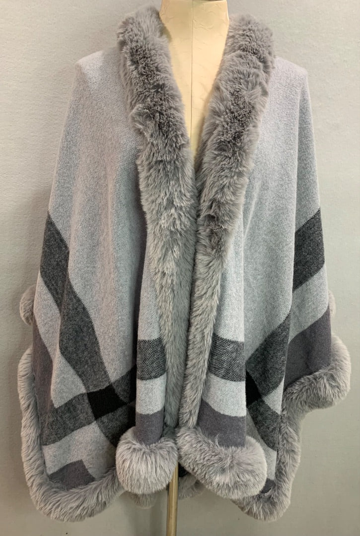 One Size Womens Soft Gray Faux Fur Trim Wrap Shawl