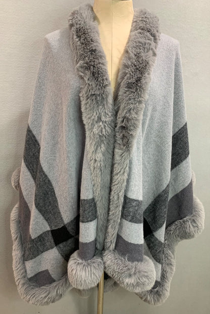 One Size Womens Soft Gray Faux Fur Trim Wrap Shawl
