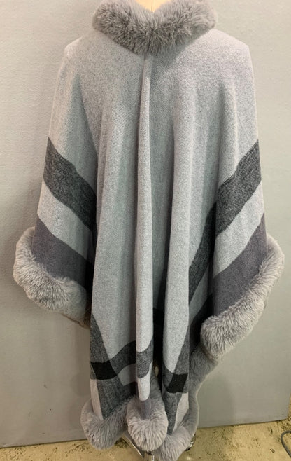 One Size Womens Soft Gray Faux Fur Trim Wrap Shawl