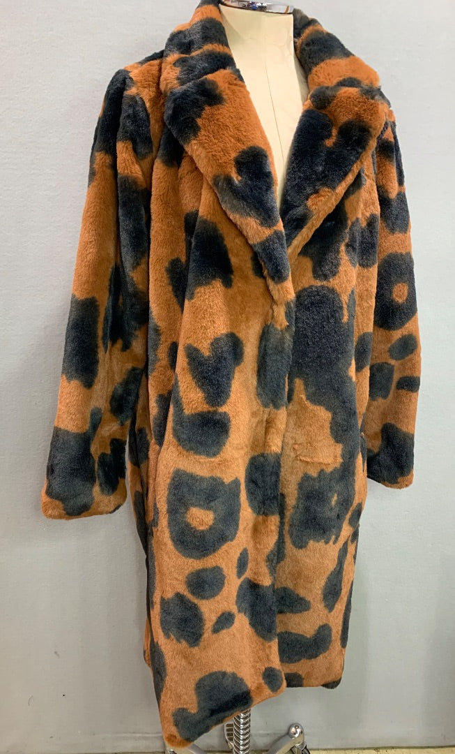 Large Stoosh Womens Faux Fur Plush Jacket Cowhide Print Black Brown