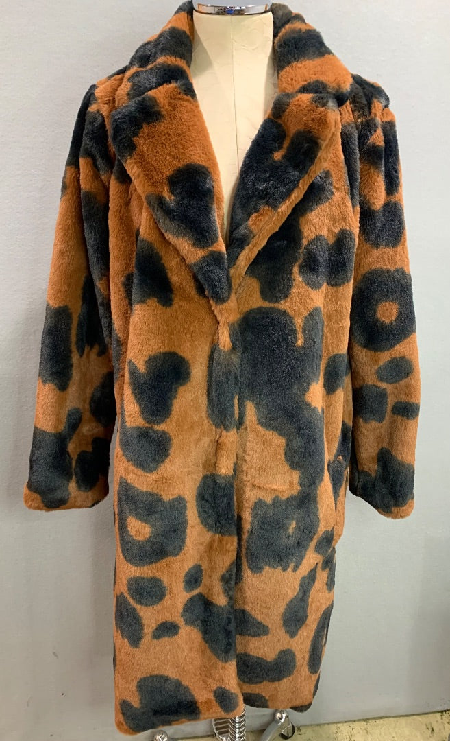 Large Stoosh Womens Faux Fur Plush Jacket Cowhide Print Black Brown