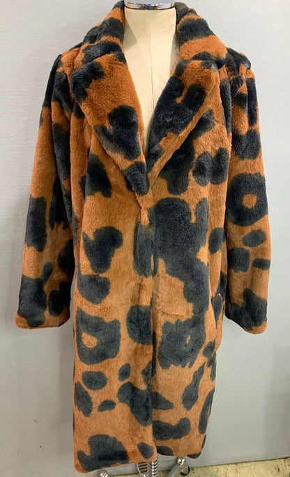 Large Stoosh Womens Faux Fur Plush Jacket Cowhide Print Black Brown