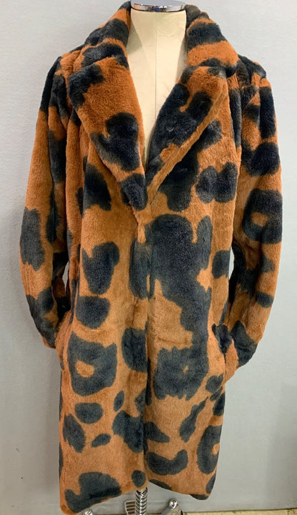 Large Stoosh Womens Faux Fur Plush Jacket Cowhide Print Black Brown