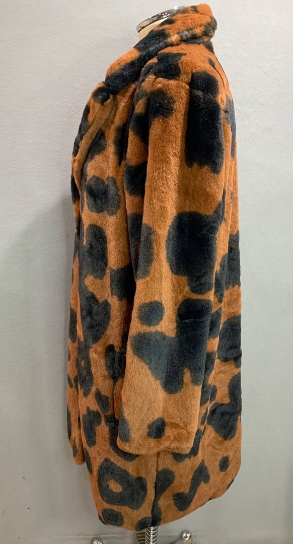 Large Stoosh Womens Faux Fur Plush Jacket Cowhide Print Black Brown