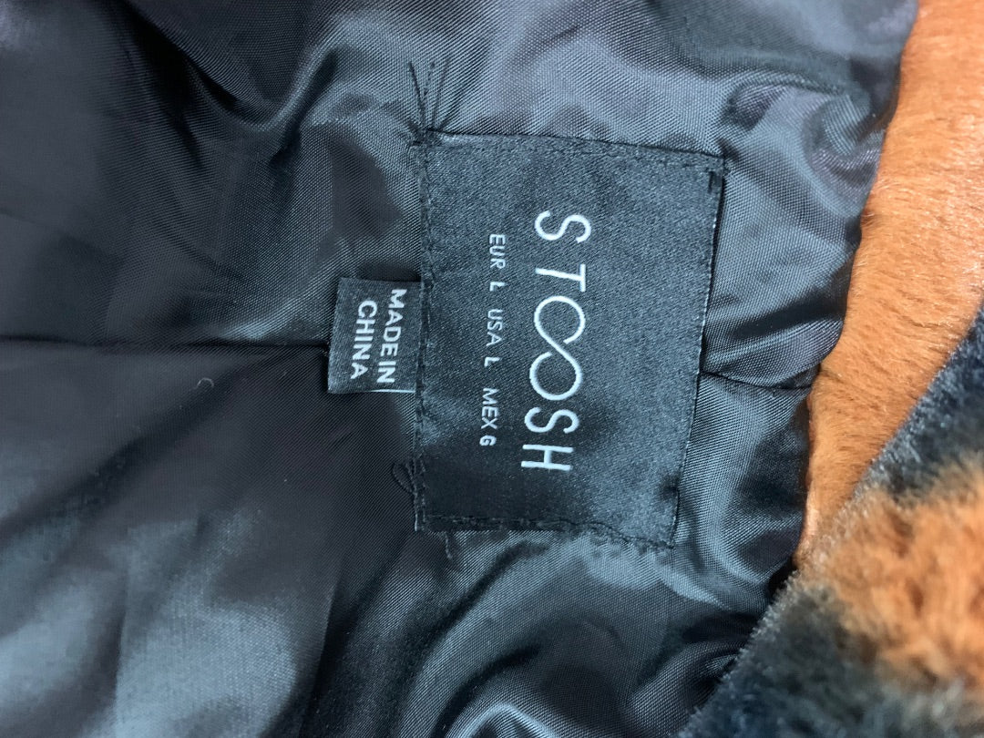 Large Stoosh Womens Faux Fur Plush Jacket Cowhide Print Black Brown