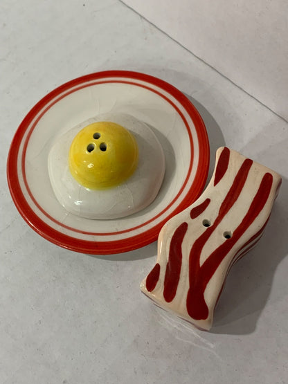 Ceramic Bacon and Egg Salt and Pepper Shakers on Plate