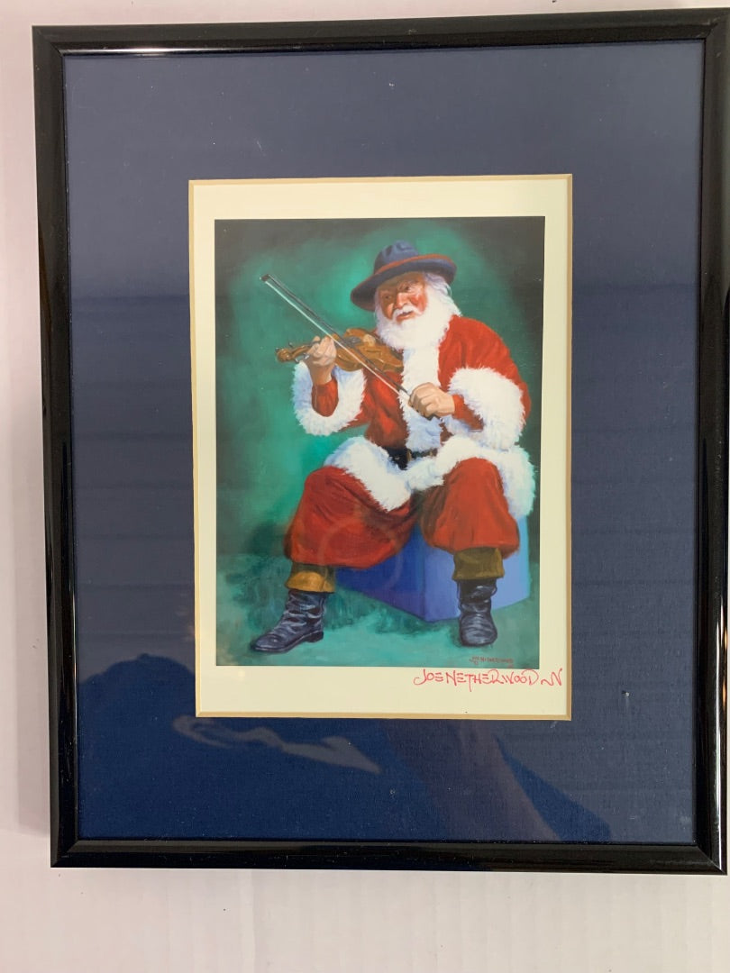 Signed Joe Netherwood Print Santa Fiddle 8.5" x 10.5" Framed Matted