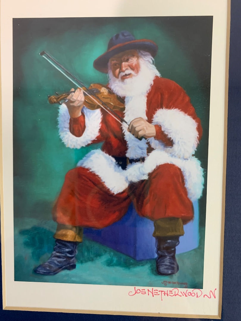 Signed Joe Netherwood Print Santa Fiddle 8.5" x 10.5" Framed Matted
