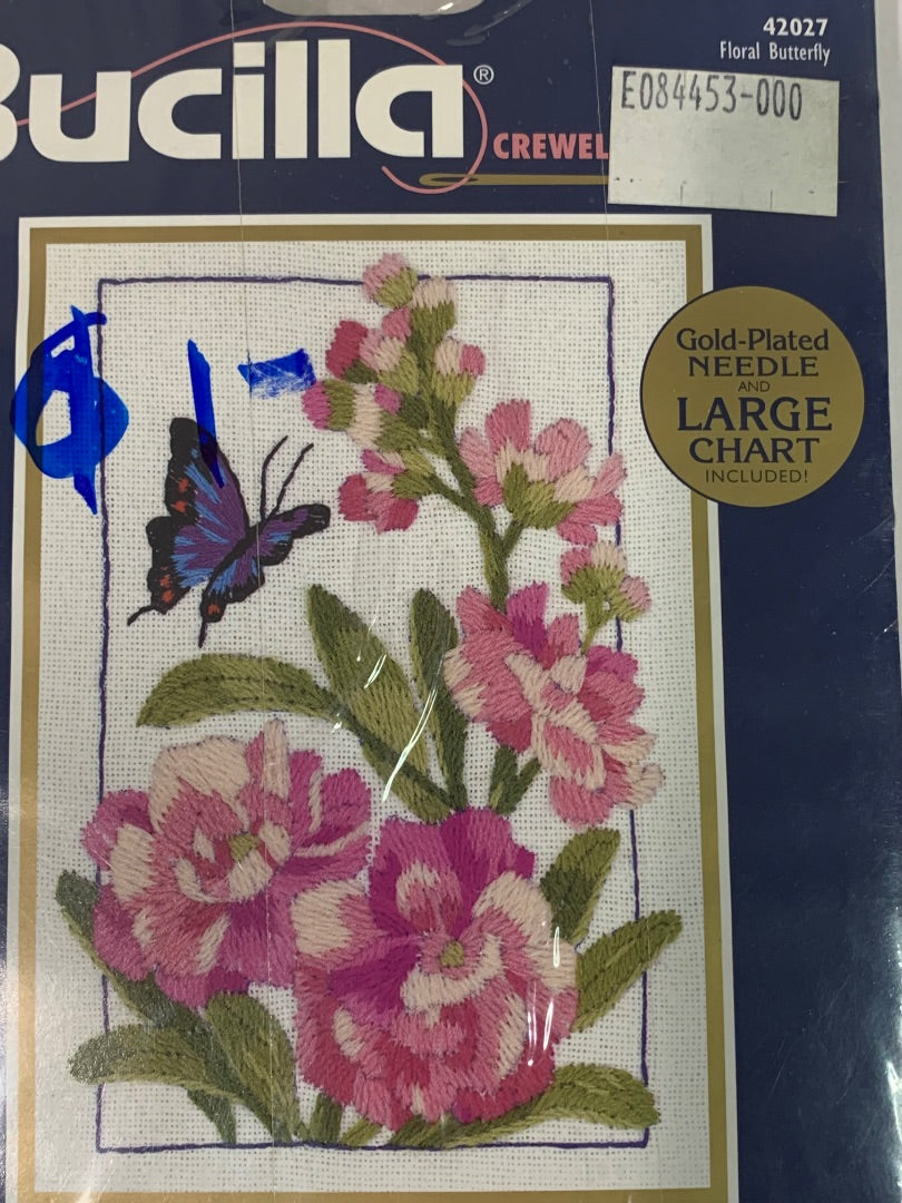 New Bucilla Crewel Kit Floral Butterfly 42027 5" x 7"