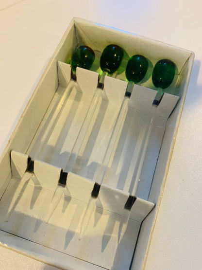 Crate & Barrel New Set of 4 Olive Picks Glass Clear and Green Martini