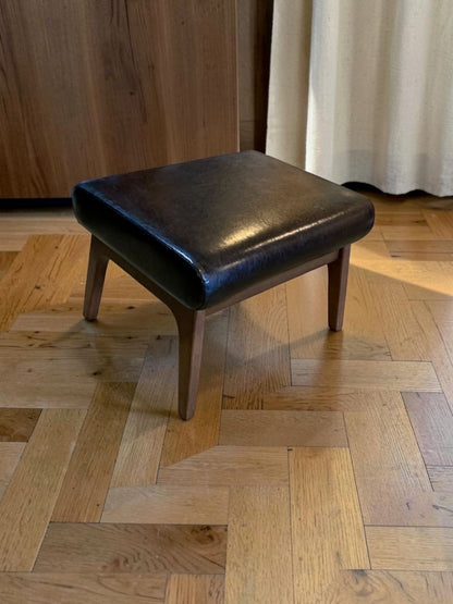 Midcentury Style Ottoman Black Faux Leather Wooden Legs 22" x 14"h x 18"