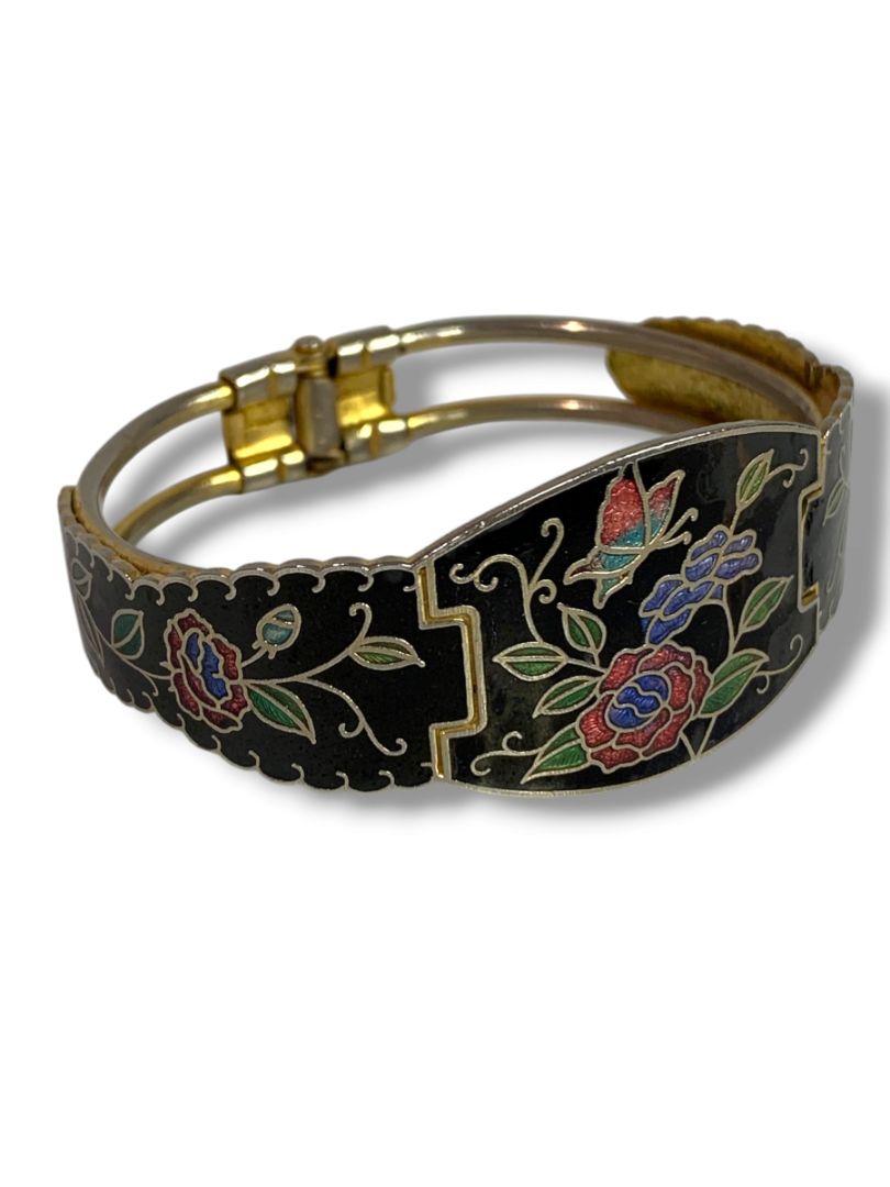 1980s Goldtone Cloisonne Bangle Bracelet Hinged Butterfly