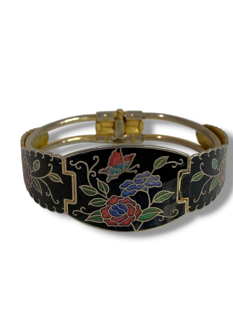 1980s Goldtone Cloisonne Bangle Bracelet Hinged Butterfly