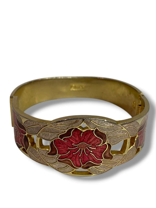 Vintage Cloisonne Floral Signed Fish Bangle Bracelet Goldtone Red Hinged