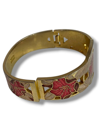 Vintage Cloisonne Floral Signed Fish Bangle Bracelet Goldtone Red Hinged