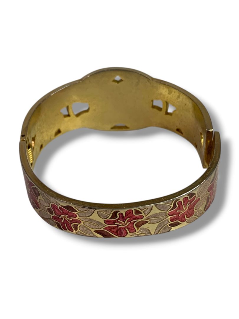 Vintage Cloisonne Floral Signed Fish Bangle Bracelet Goldtone Red Hinged