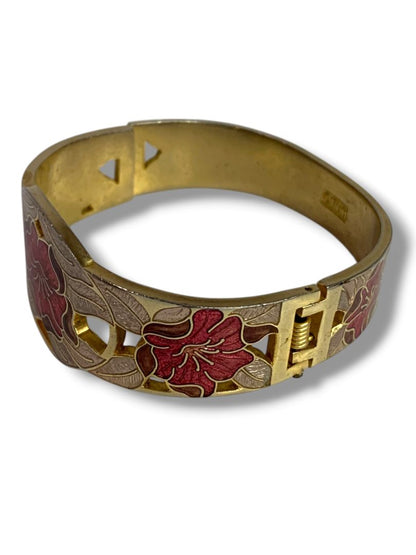 Vintage Cloisonne Floral Signed Fish Bangle Bracelet Goldtone Red Hinged