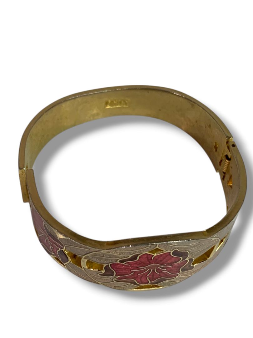 Vintage Cloisonne Floral Signed Fish Bangle Bracelet Goldtone Red Hinged