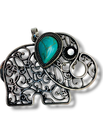 Vintage Scroll Turquoise Silvertone Pendant Brooch Scroll 2" Lucky
