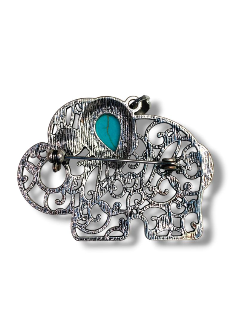 Vintage Scroll Turquoise Silvertone Pendant Brooch Scroll 2" Lucky