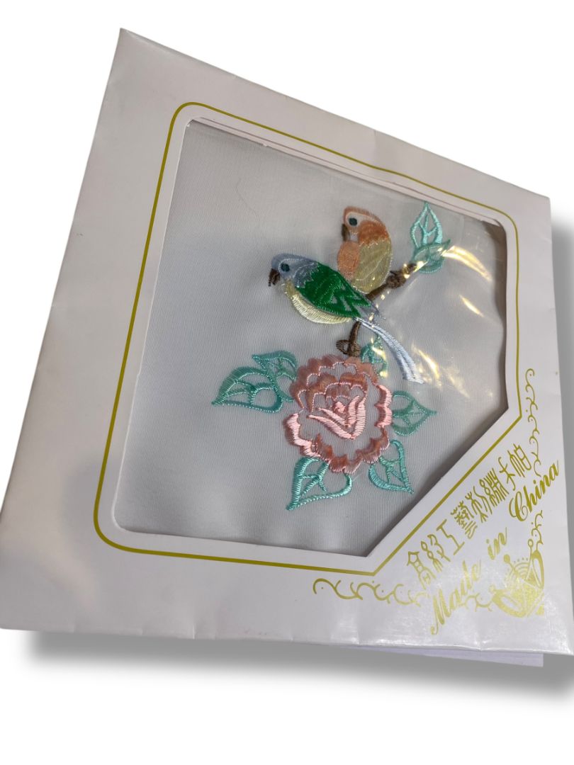 Vintage Embroidered Handkerchief New China Birds Flower