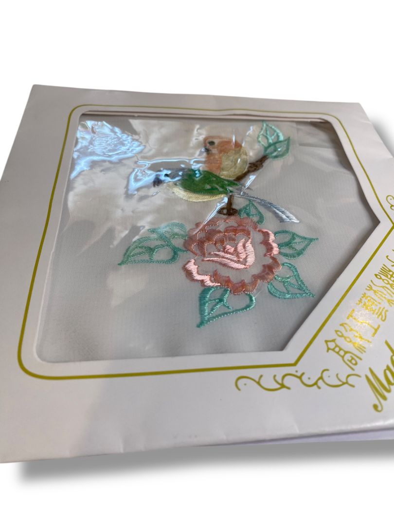 Vintage Embroidered Handkerchief New China Birds Flower
