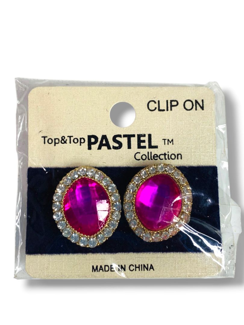 Top&Top Clip On Earrings Fuchsia Rhinestones Non-Pierced New .7" Diameter