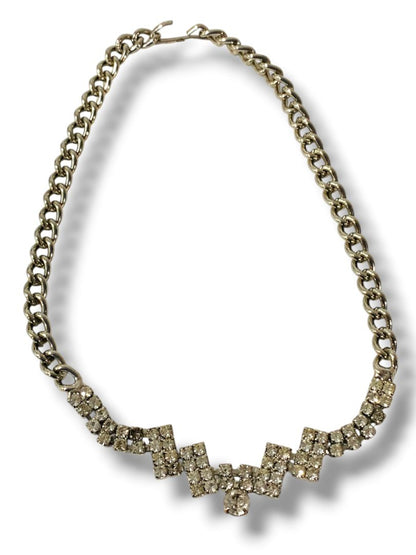Silvertone Rhinestone Necklace Hook Closure Geometric 14"