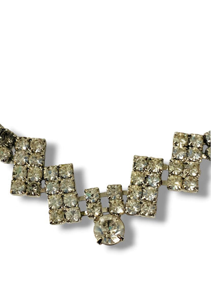 Silvertone Rhinestone Necklace Hook Closure Geometric 14"
