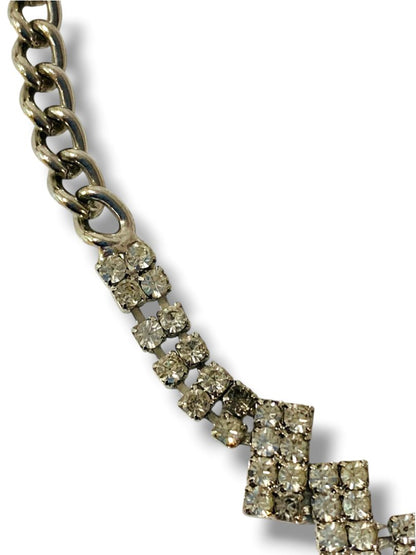 Silvertone Rhinestone Necklace Hook Closure Geometric 14"