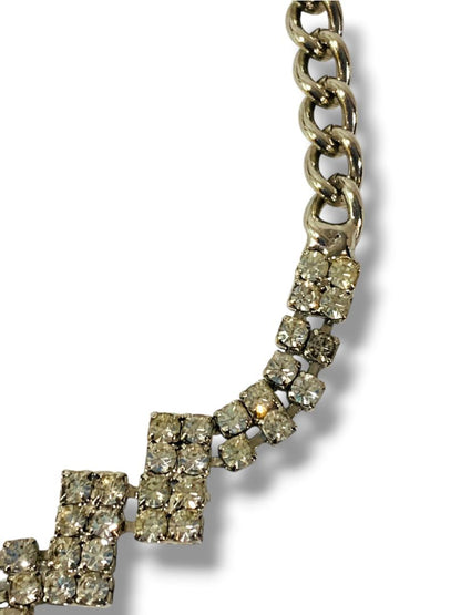 Silvertone Rhinestone Necklace Hook Closure Geometric 14"