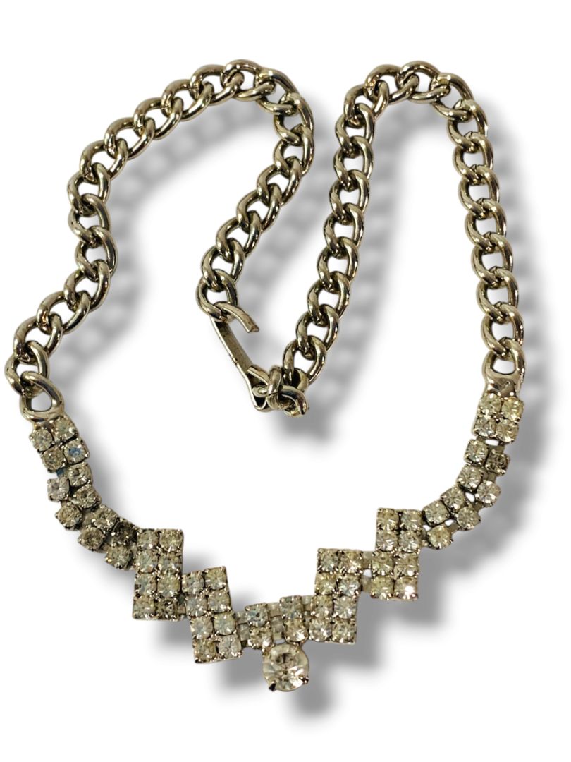 Silvertone Rhinestone Necklace Hook Closure Geometric 14"
