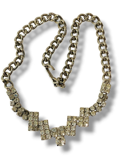 Silvertone Rhinestone Necklace Hook Closure Geometric 14"