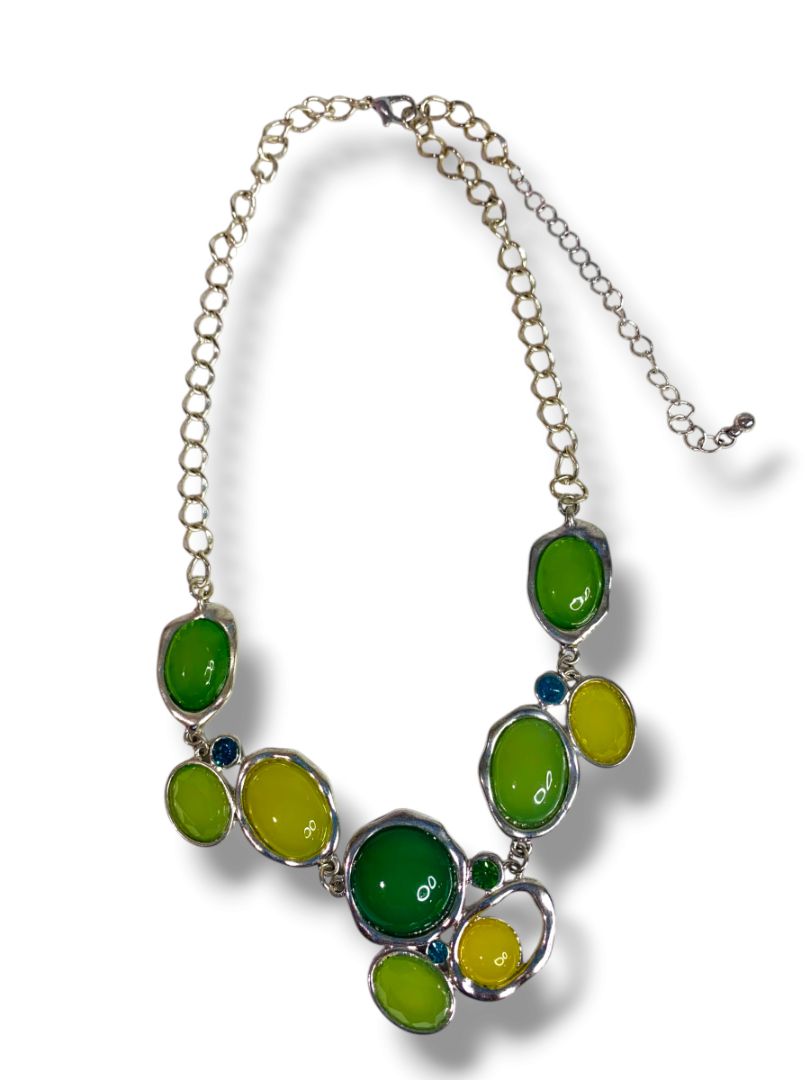 Silvertone Green Statement Bib Necklace 17" + 3" Extender