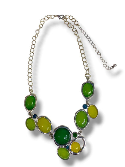 Silvertone Green Statement Bib Necklace 17" + 3" Extender