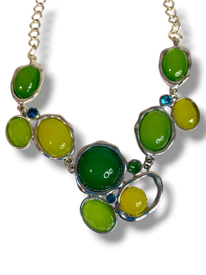 Silvertone Green Statement Bib Necklace 17" + 3" Extender