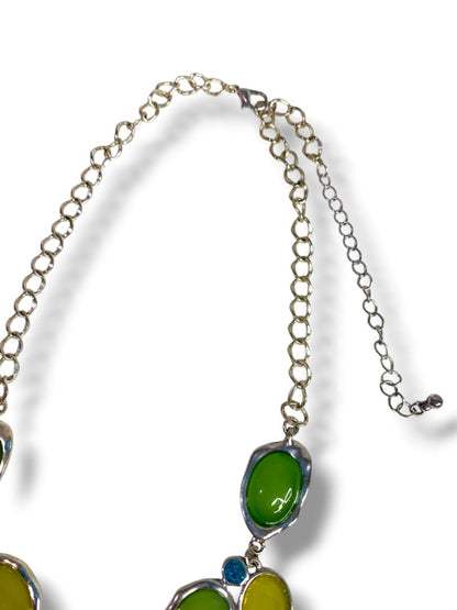 Silvertone Green Statement Bib Necklace 17" + 3" Extender