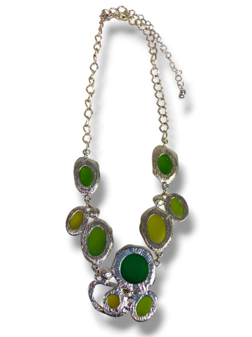 Silvertone Green Statement Bib Necklace 17" + 3" Extender