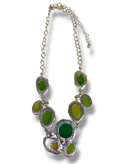 Silvertone Green Statement Bib Necklace 17" + 3" Extender